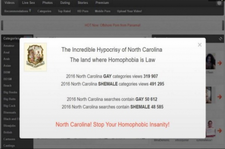 Крупнейший порно сайт протестует против Северной Каролины - блокирует пользователей и показывает шокирующие данные.
